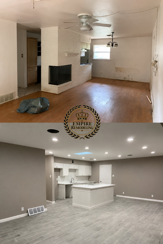 Living and kitchen remodel before and after by Empire Remodeling