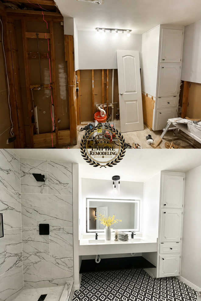 Modern bathroom before and after by Empire Remodeling