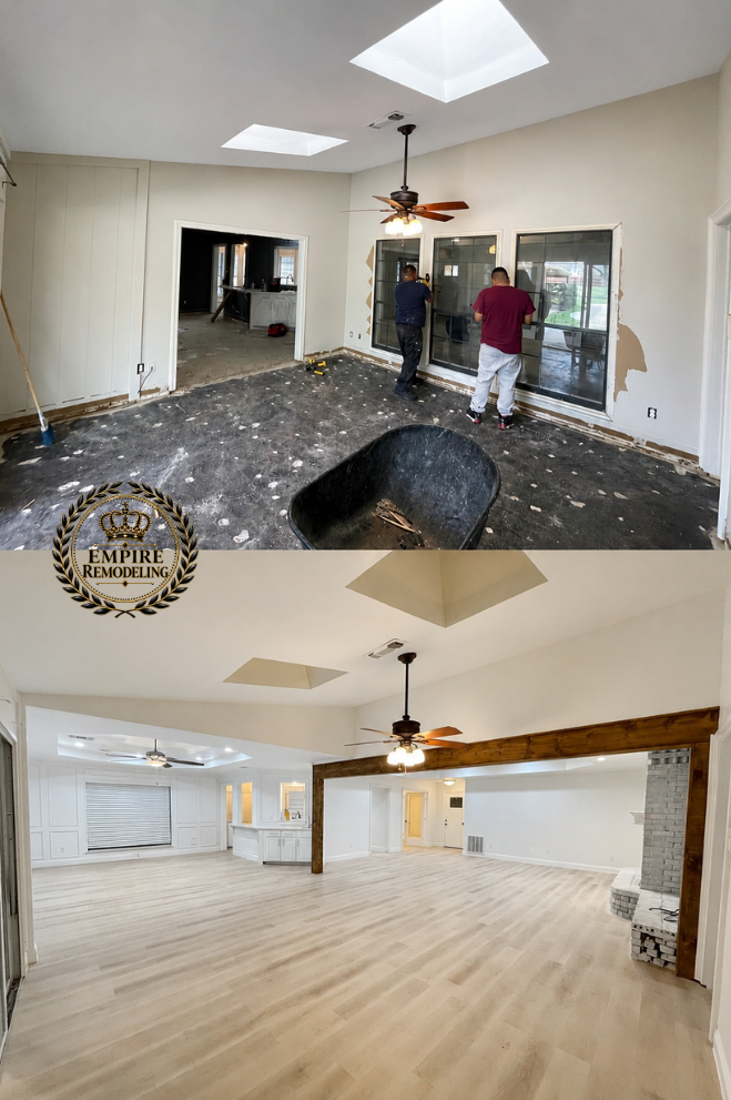 Open-concept living room before and after by Empire Remodeling