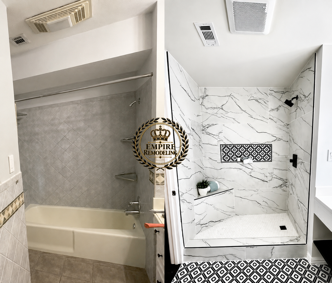 Tub-to-shower conversion before and after by Empire Remodeling